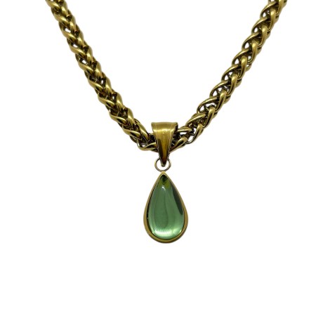 necklace steel gold tear stone green